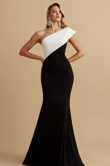 Black One Shoulder Mermaid Satin Evening Dress
